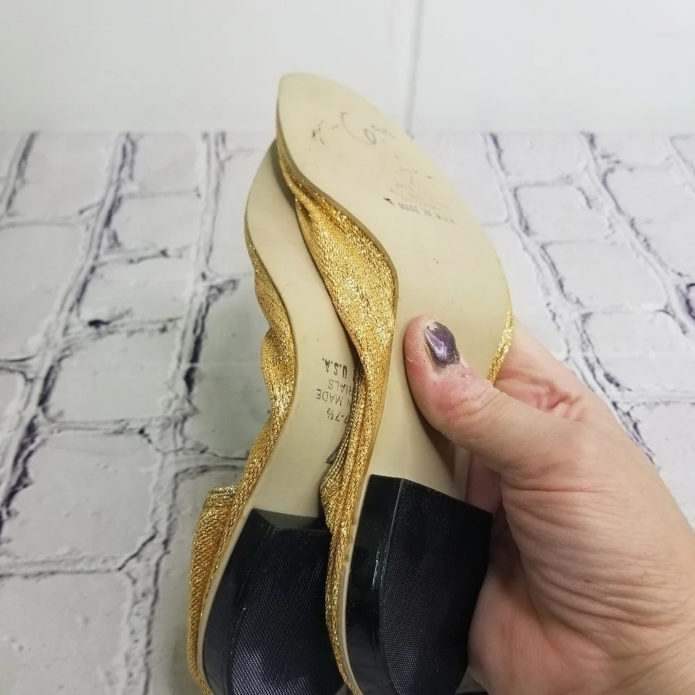 Vtg 60s 1960s Mcm Mod gold metallic lame mid century foldable flats